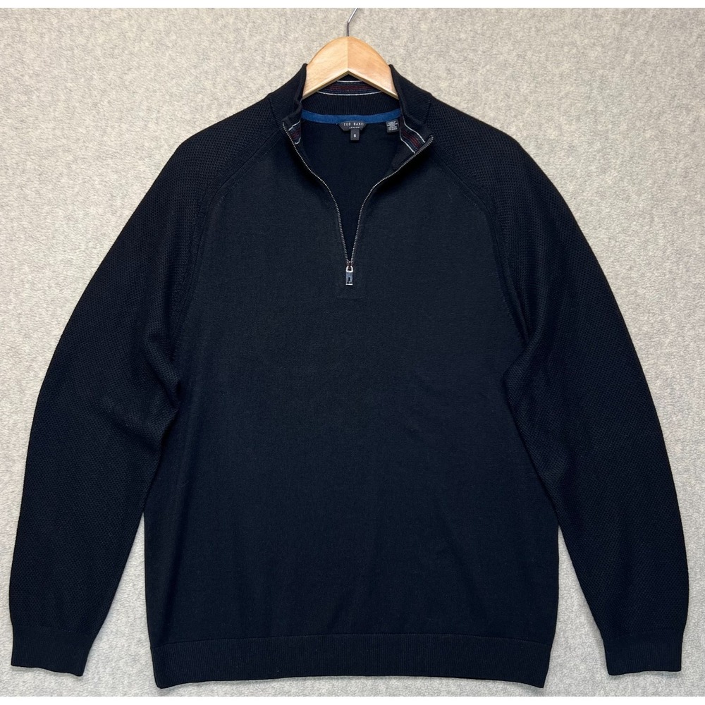 Ted Baker London Mens Pullover Sweater Black 1/4 Zip Funnel Neck Long Sleeve XL